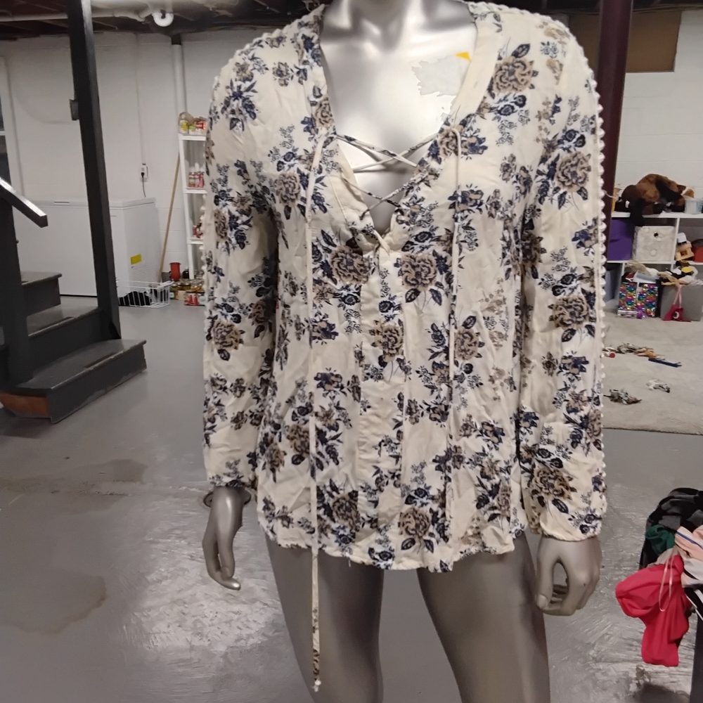 Floral Lace-Up Blouse - Cream and Blue